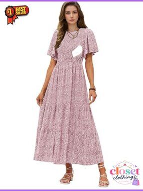 Womens Nursing Dress Floral Smocked Maxi Pockets